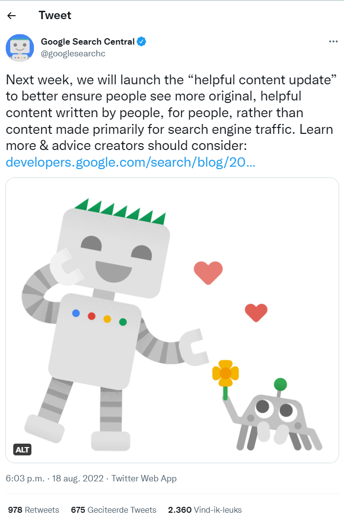 Tweet - The Helpful Content Update - 22 augustus 2022